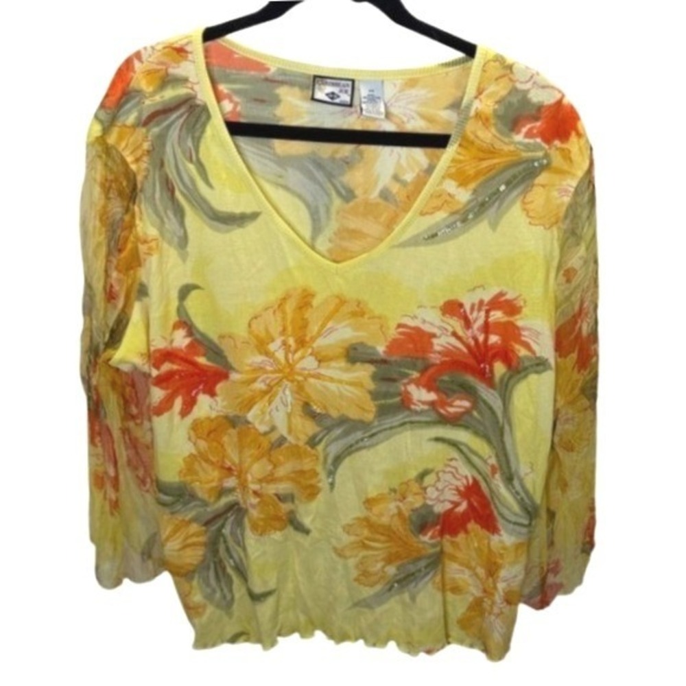 Caribbean Joe Yellow Floral Sequin V-Neck Top Sheer 3/4 Sleeve 2X
